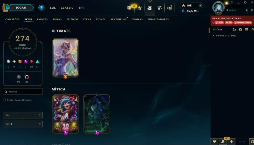 Conta ouro afundada 274 skins, bastante emotion