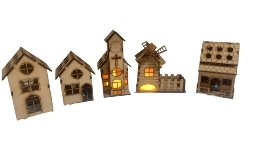 Kit 5 casinha em mdf com e sem luminaria, maquete,...