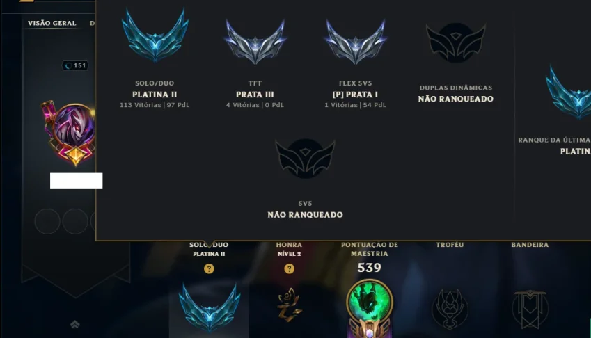 Platina 2 com TODOS os Champs e 119 Skins ( MID / SUP / JG )