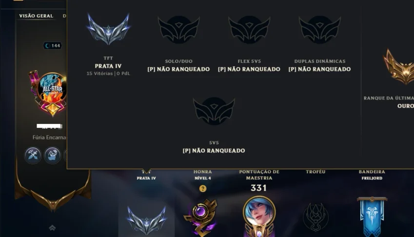 Unranked com 105 Champs e 144 Skins ( SUP / ADC )