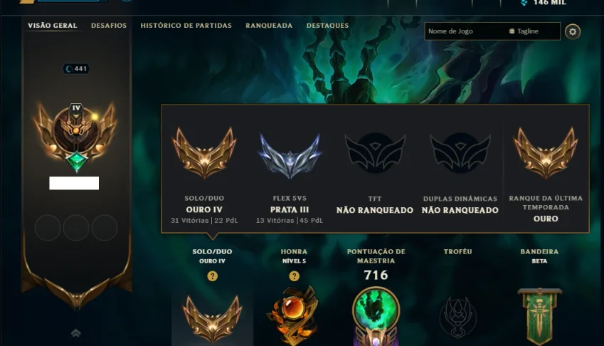 Ouro 4 com TODOS os Champs e 164 Skins( JG / TOP / SUP )