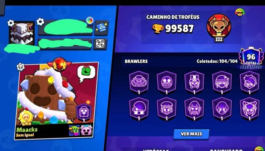 104 BRAWLERS MAX | 99K TROFÉUS | 445 gemas | Full collabs
