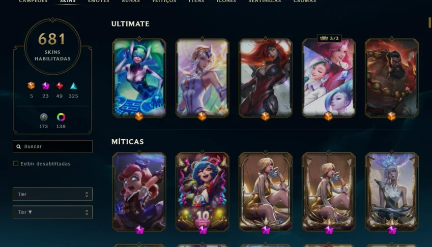Conta de lol - Lvl 835 - Esmeralda Atual - 681 Skins !