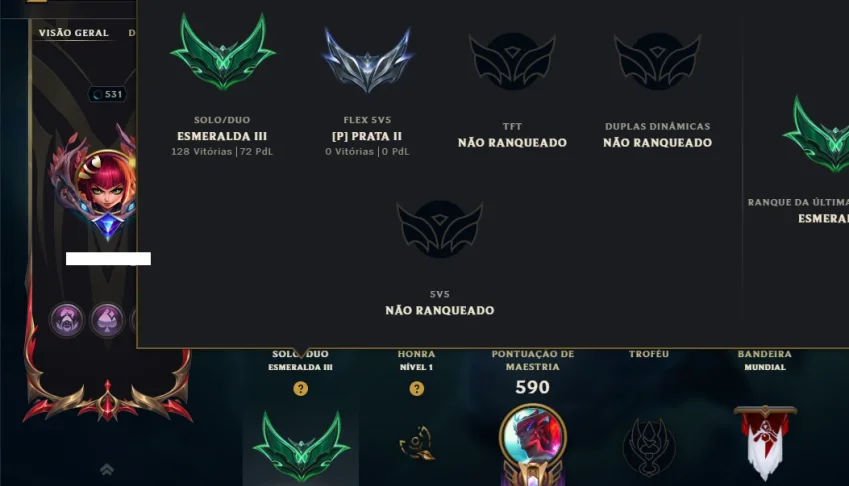 Esmeralda 3 com TODOS os Champs e 286 Skins ( Nivel 531 )