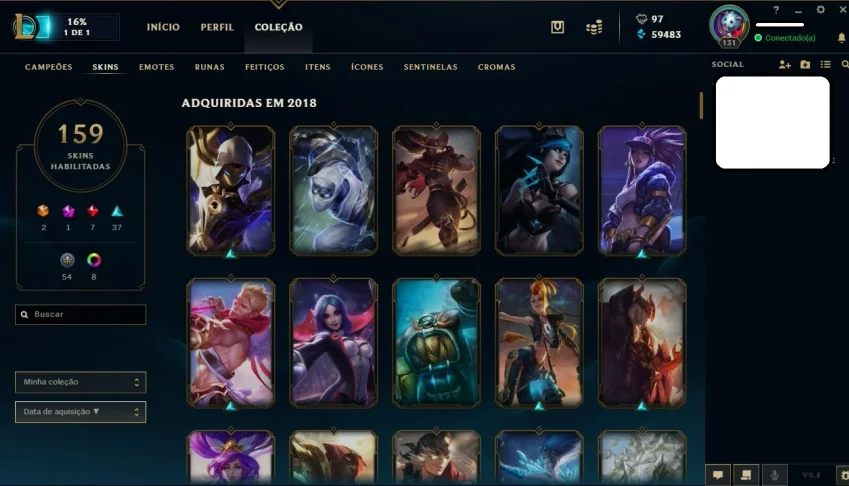 Conta LOL unranked (2018-Plat 5) lvl 131 com 159 Skins