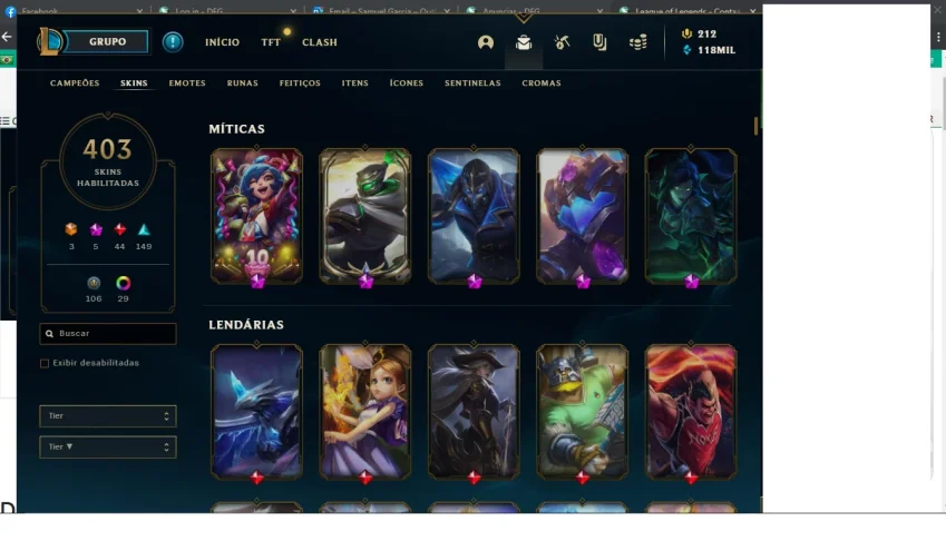 CONTA LEAGUE OF LEGENDS LEVEL 446  403 SKINS 390 ICONES