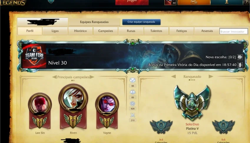 Conta League of Legends Platina 5 / 60 skin / 11 pág de runa