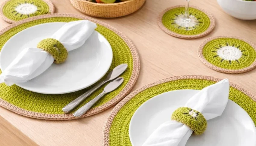 Conjunto Mesa Posta Crochê Kiwi