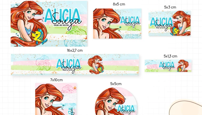 Kit Escolar Ariel Pequena Sereia: Etiquetas/Caneca/Toalha