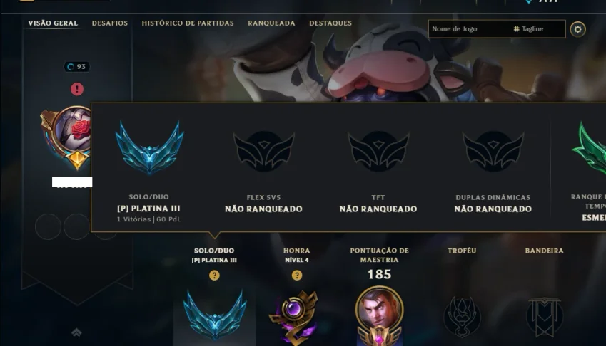 Platina 3 com 75 Champs e 19 Skins