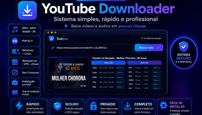 Script YouTube Downloader PHP 8.1 com Interface Profissional