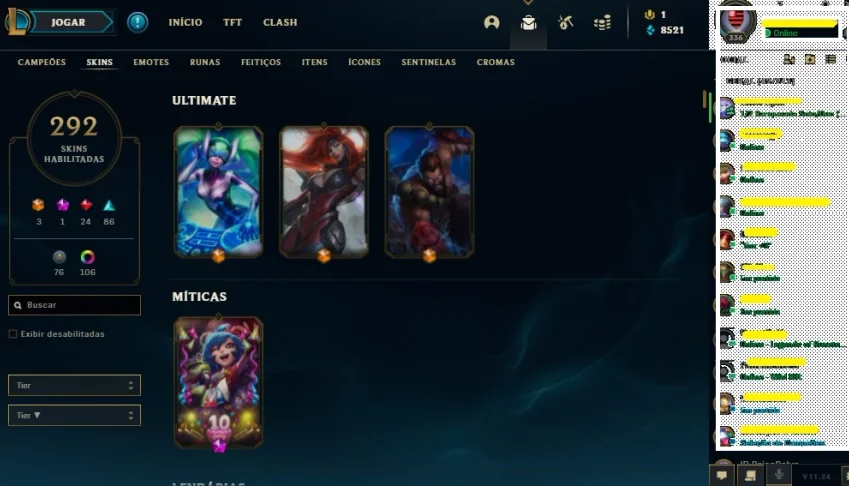 Conta LOL Platina 2 292 skin, todos os champs