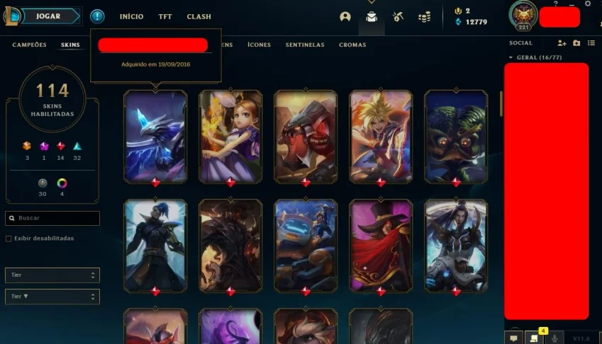 Vendo conta lvl 221, 84 skins, todos campeões, 12.779 azul,