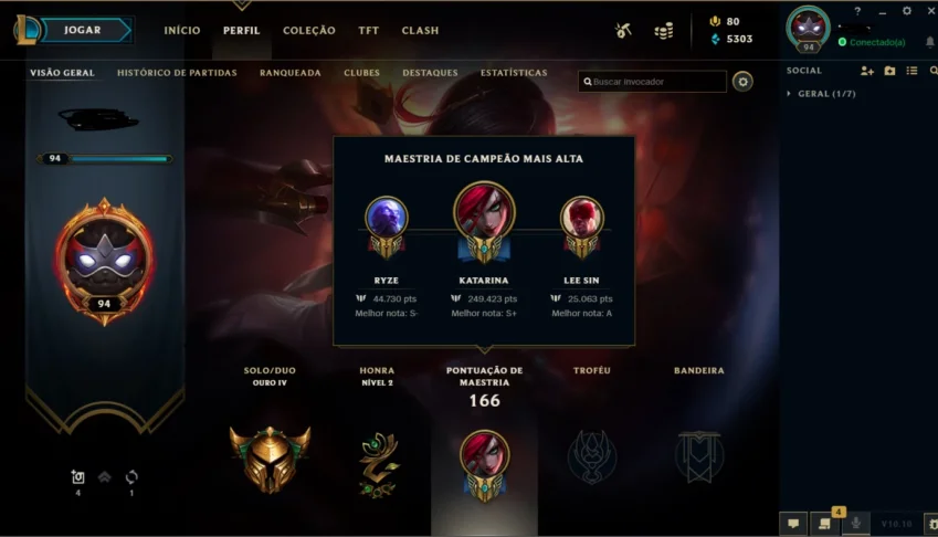 conta lol 11 skins ouro 4 lvl 94