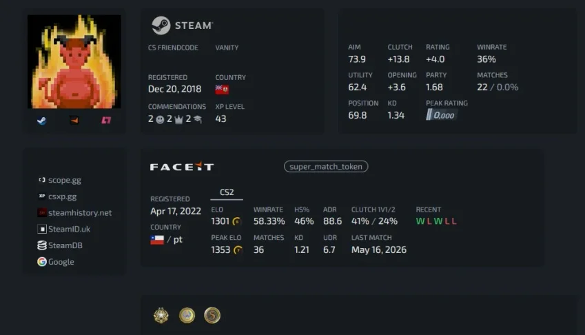 Conta CS2 com 3 medalhas