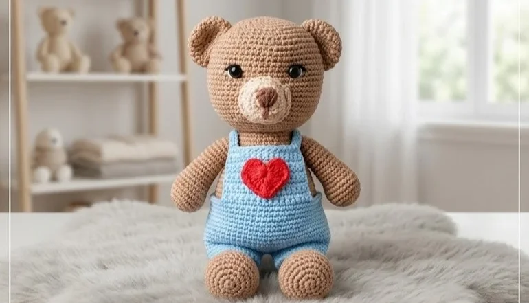 Ursinho de Amigurumi com Jardineira Azul e Coração