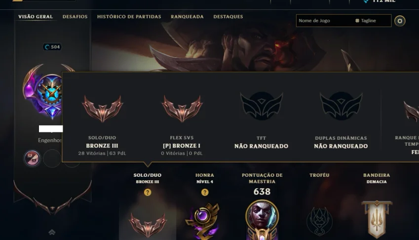 Bronze 3 com TODOS os Champs e 100 Skins ( Nivel 504 )