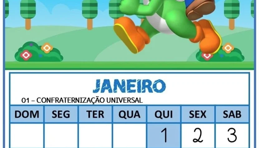 Calendário 2026: Uma Folha Por Mês do Super Mario Png/pdf