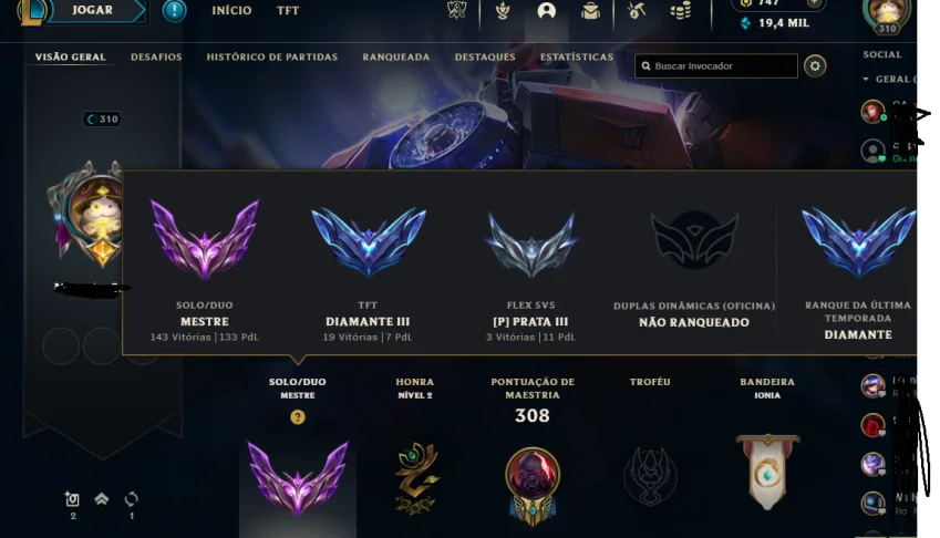 Conta mestre LOL lv 310 com 150 skins e todos os campeões