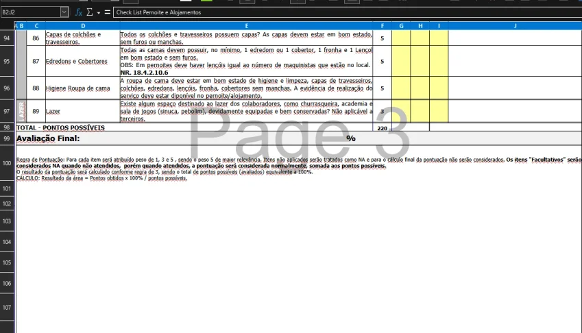 Planilha de Checklist para Alojamento – Controle de Itens