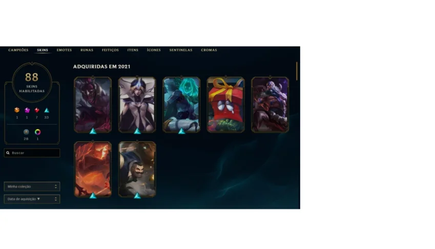 conta lol (lvl 124, 88 skins, 47 emotes, 155 icons)