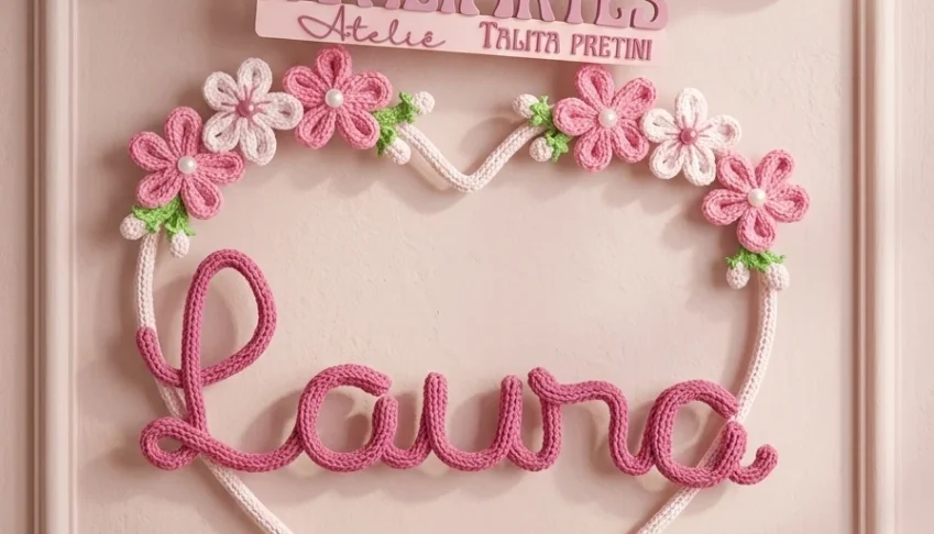 Guirlanda de Coração  com Flores em Tricotin