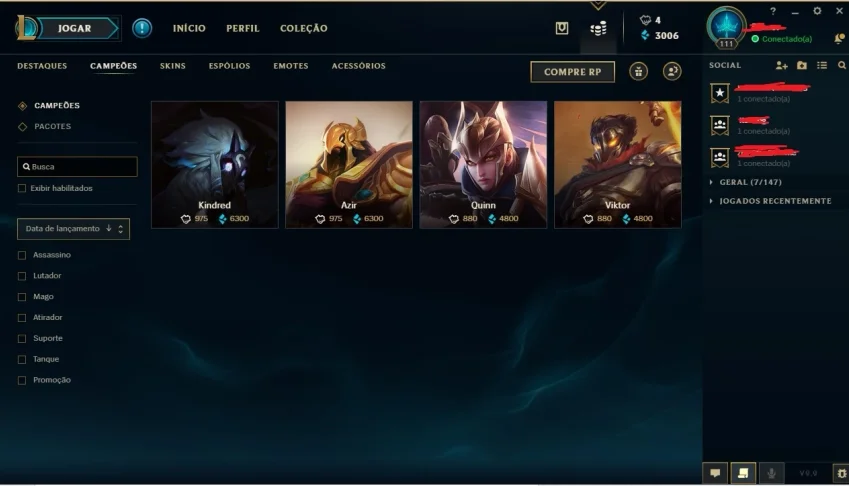 Conta League of Legends Gold 5 106 skins 4 campeões faltando