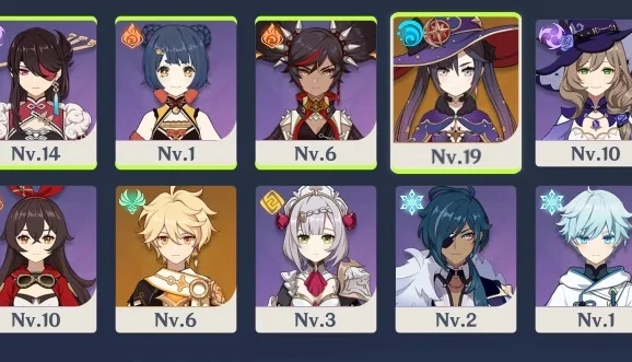Mona, Chongyun, Beidou, Xinyan, Xiangling, Noelle