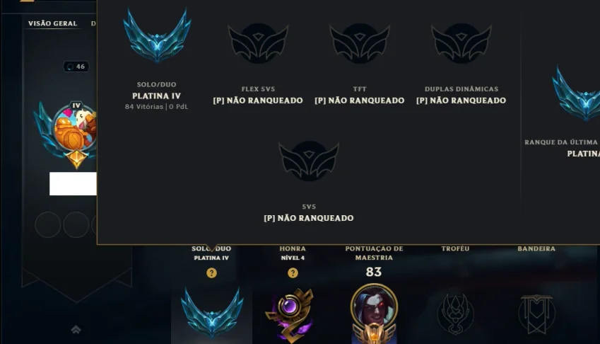 Platina 4 com 75 Champs e 46 Skins ( SUP / ADC / MID )