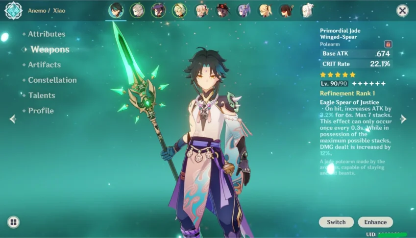 Xiao + Lança de Jade, Hu tao e Albedo.