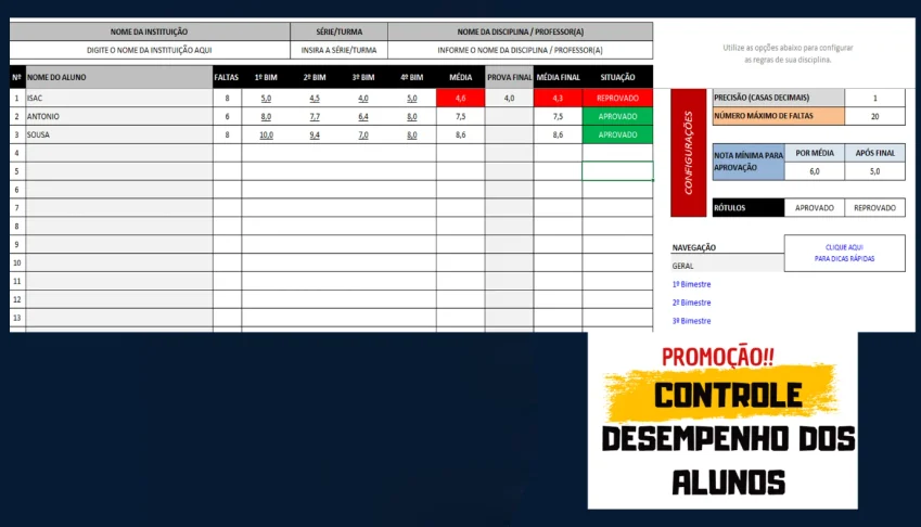 Planilha Controle Desempenho dos Alunos