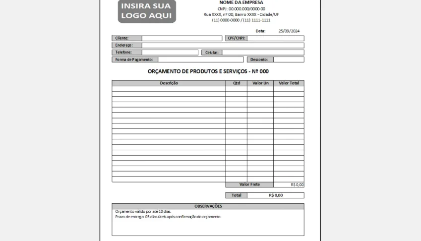 Planilha de Vendas e Orçamentos de Produtos Manual
