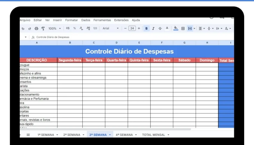 Planilha Controle Diário De Despesas (Semanal E Mensal)