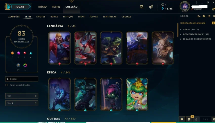 CONTA LOL 128 CHAMPIONS PLATINA 1 MMR DIAMANTE 85 SKINS