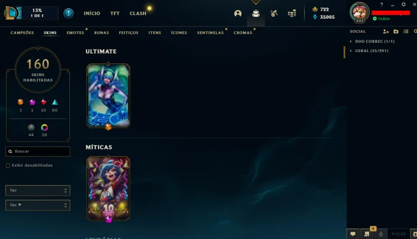 Conta platina 3 com TODOS os champs e 160 Skins (NIVEL 633)
