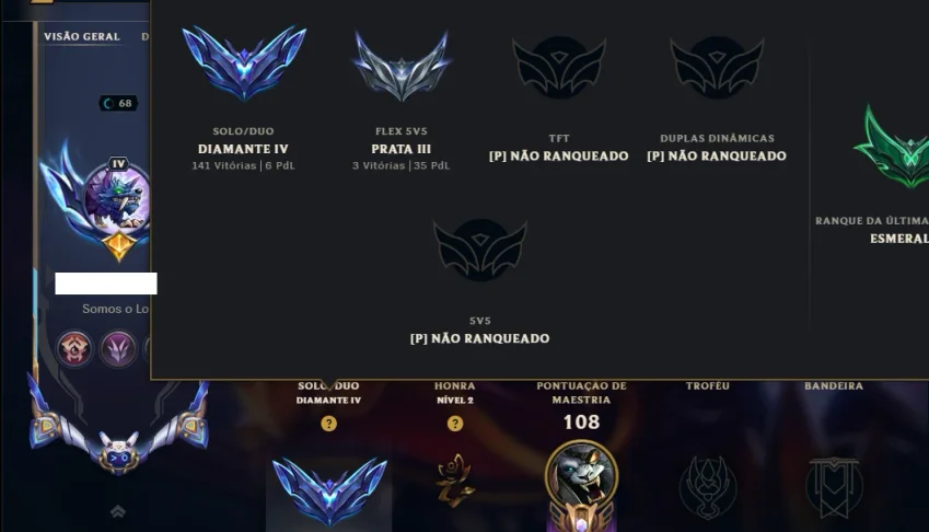 Diamante 4 com 85 Champs e 68 Skins ( JG / MID )