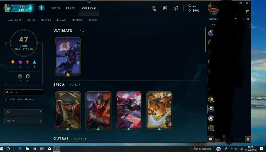 CONTA DE LOL OURO 1 75 PDL BORDA PLATINA SKINS E CAMPEOS