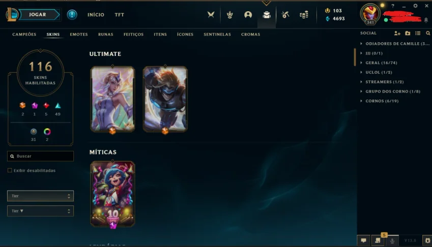 Conta De Lol Lvl 341 + Gold 2 + 2 Skin Ultimate + 114 Skins