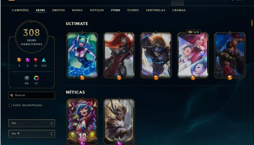 Conta lol, lv 342, 308 skins