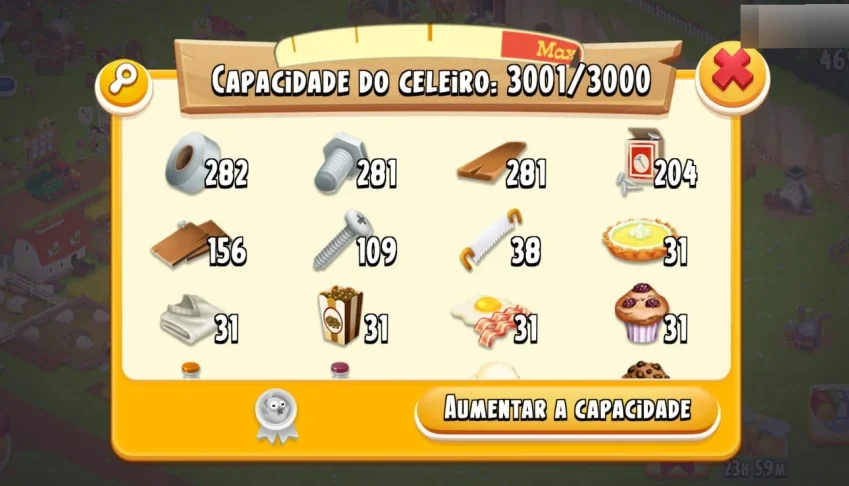Farm Hay Day nível 70 celeiro 3k silo1k com itens e produtos