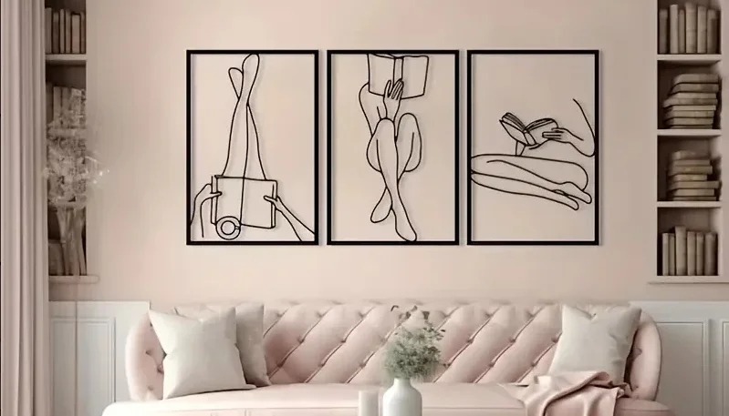 Trio de Quadros Mulheres Lendo em MDF Preto 40 x 27 cm