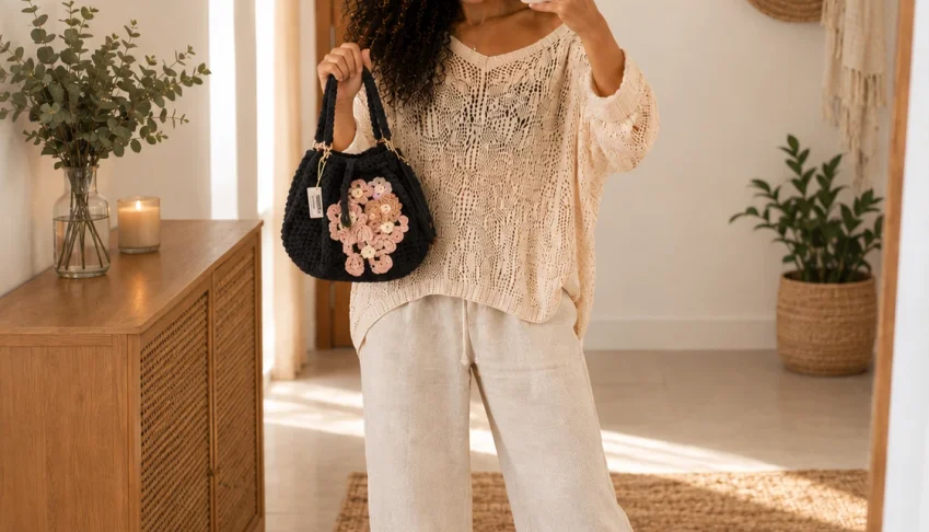 Bolsa de Crochê Sanfona com Flores