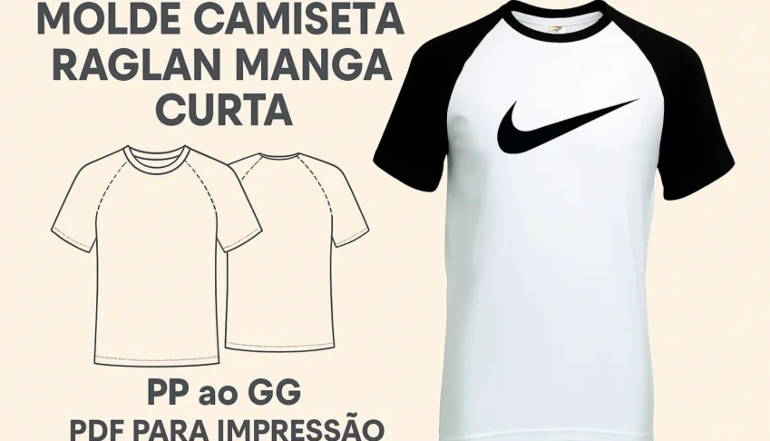 Molde Camiseta Raglan Manga Curta (PP ao GG) - PDF para Impr