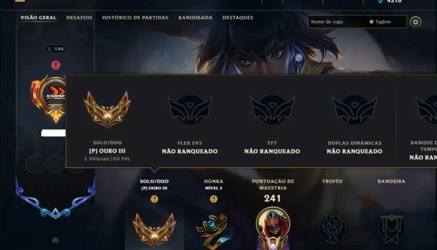 Ouro 3 com 95 Champs e 47 Skins ( JG / MID / ADC )
