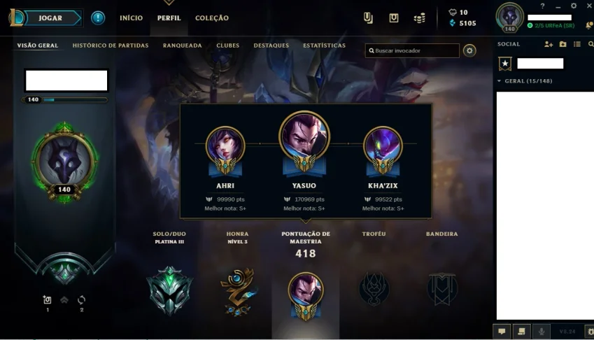 Conta platina na solo/flex  level 140 / todos campeões !!
