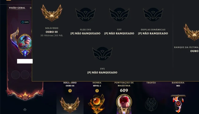 Ouro 3 com TODOS os Champs e 338 Skins ( MID / JG )