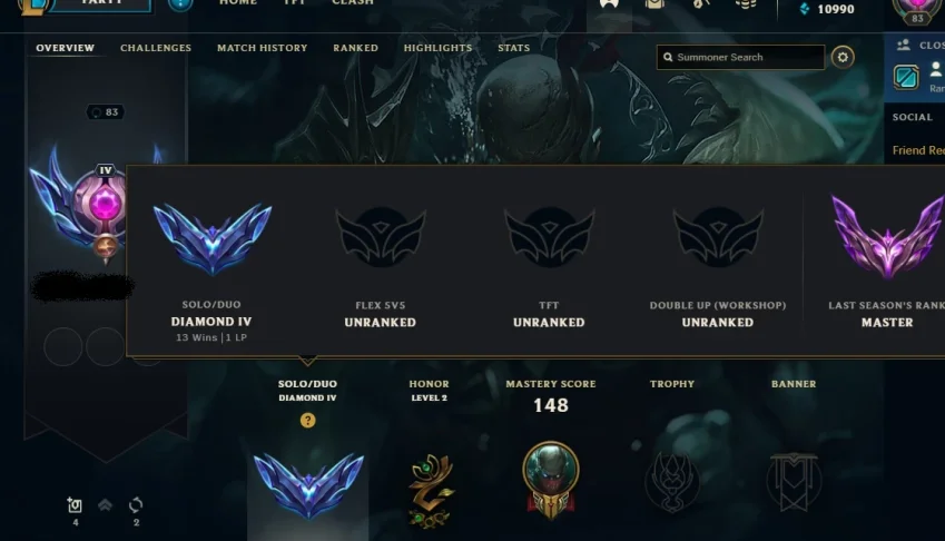 Conta diamante com ícone de mestre e skin ultimate
