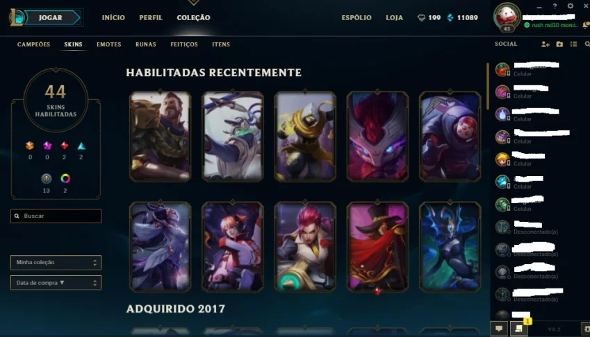 CONTA LOL LVL 45 BORDA OURO 44 SKINS