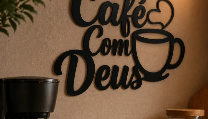 Placa Café com Deus em MDF Preto