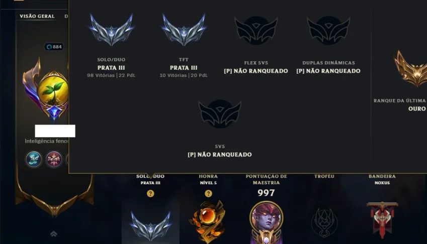 Prata 3 com TODOS os Champs e 349 Skins ( Nivel 884 )